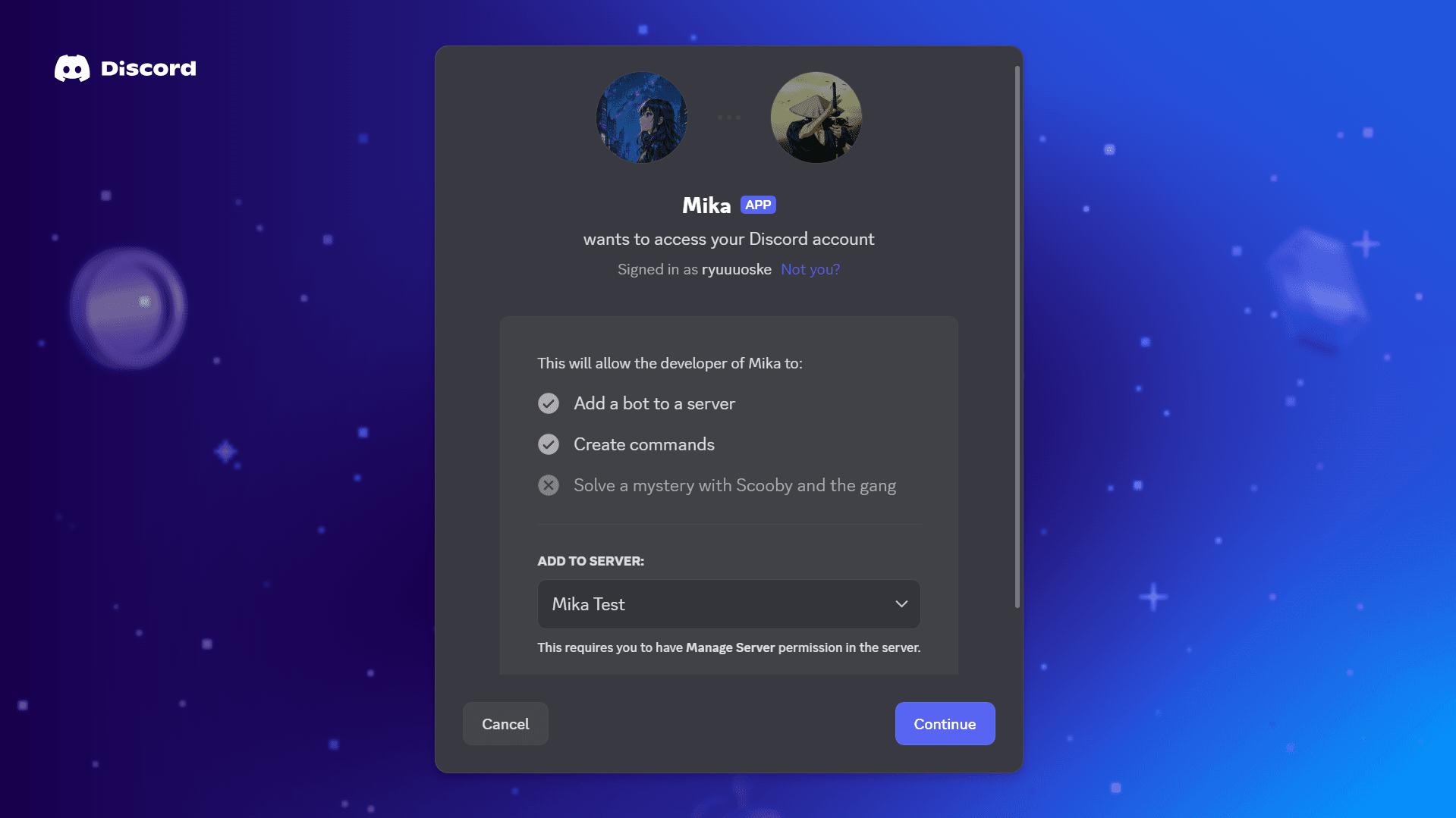 Discord Invite Page for Mika